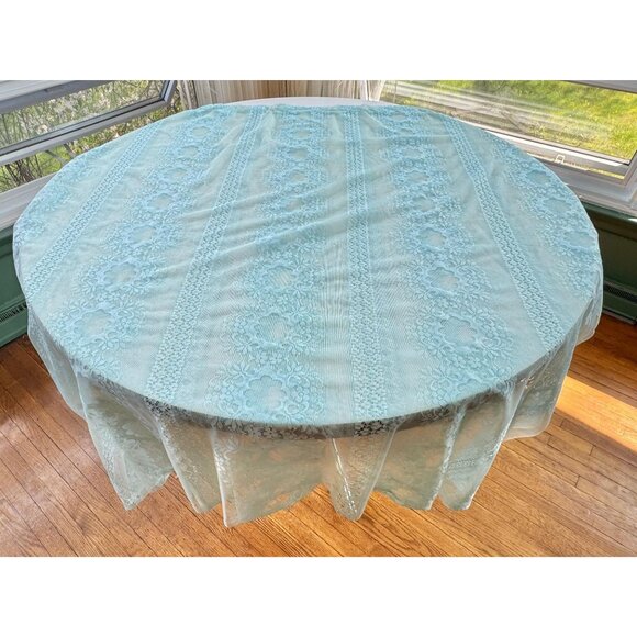 Vintage 70s curtain, light blue floral mesh, sheer, rod heading - Picture 7 of 9